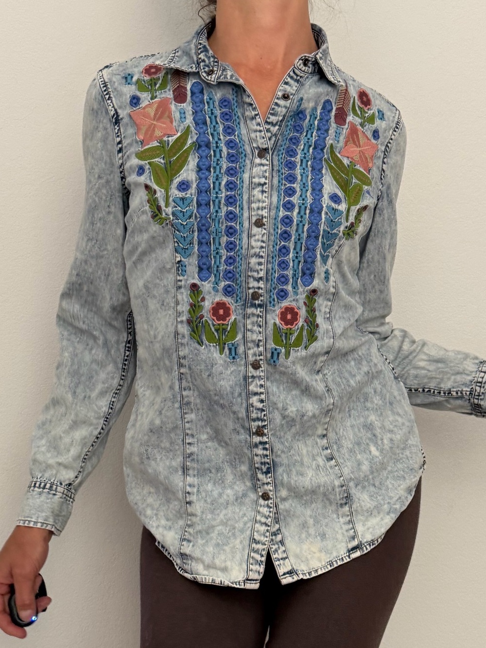Ryan Michael Indigo Floral Embroidered Acid-Wash Grey Denim Snap Button Shirt
